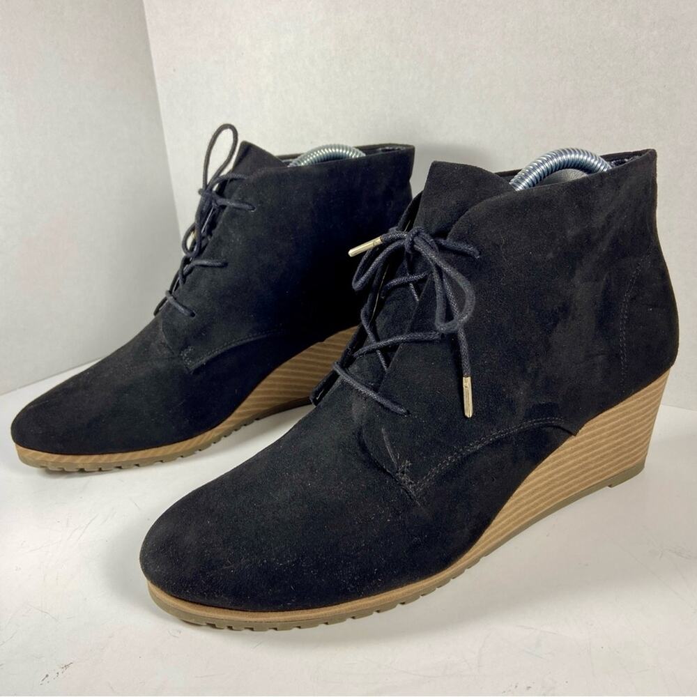 Dr Scholls women Wedge Booties 10 Black Faux Suede Lace Up Ankle Boots 10M
